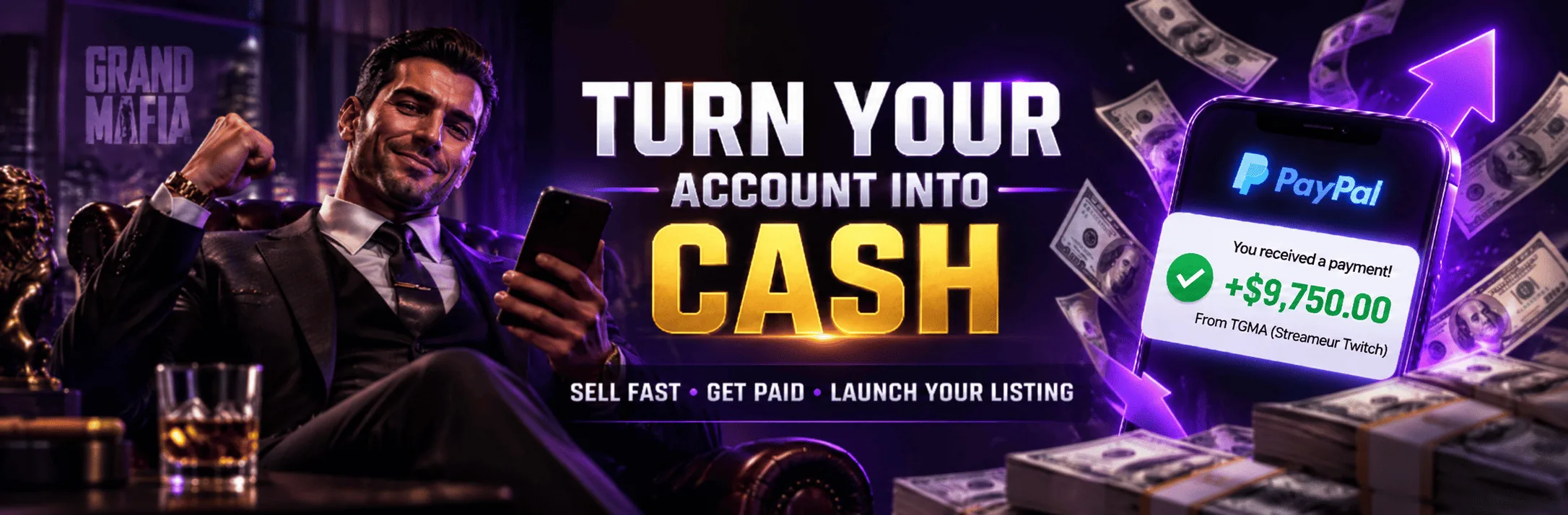 Sell your Grand Mafia account for cash with TGMA paid listings and fast payout support