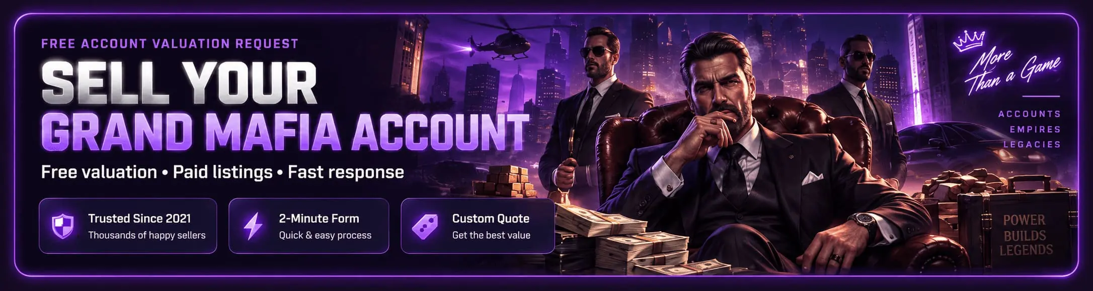 Sell your Grand Mafia account - free valuation, paid listings and fast response